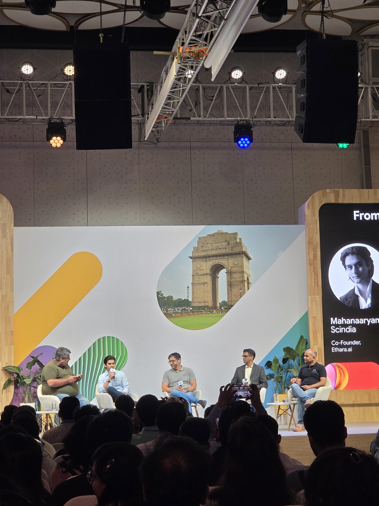 A panel discussion at Google Cloud Summit: Builder Connect 2026 with five industry speakers on stage, backdrop featuring India Gate imagery and Google Cloud branding.
