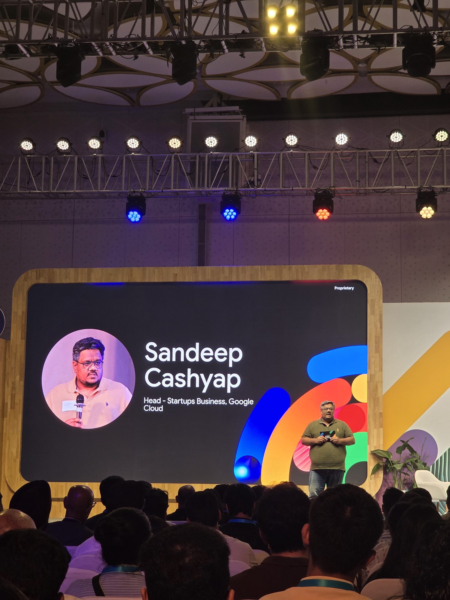 Sandeep Cashyap, Head of Startups Business at Google Cloud, on stage at the Google Cloud Summit: Builder Connect 2026 keynote, with his headshot and title projected on the main screen.
